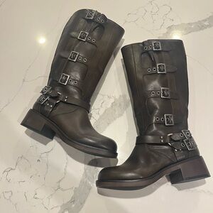 Forever 21 Brown Studded Riding Boots Size 8 Faux Leather Moto Style Gorgeous!!